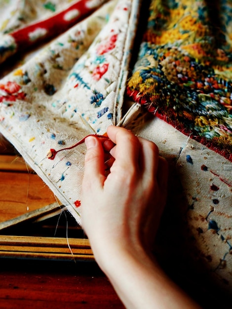 Mâini care brodează un model tradițional